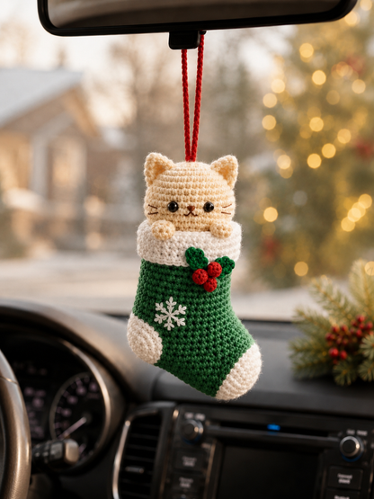 Festive Crochet Christmas Cat in Stocking Car Charm | Handmade Amigurumi Rearview Mirror Hanging Ornament