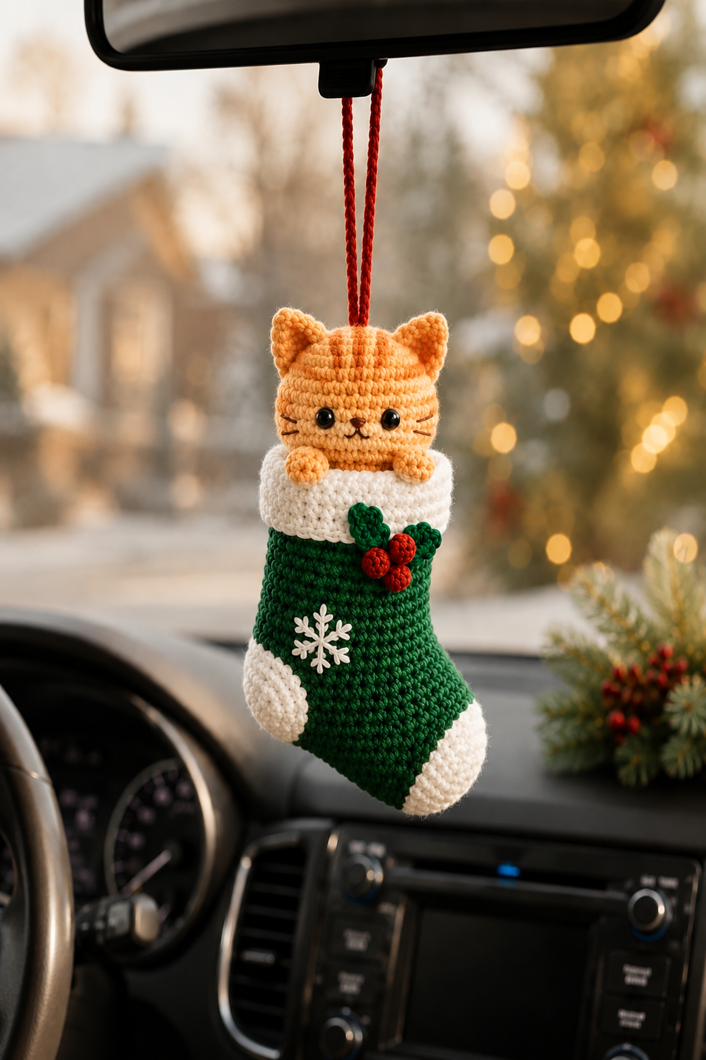 Festive Crochet Christmas Cat in Stocking Car Charm | Handmade Amigurumi Rearview Mirror Hanging Ornament