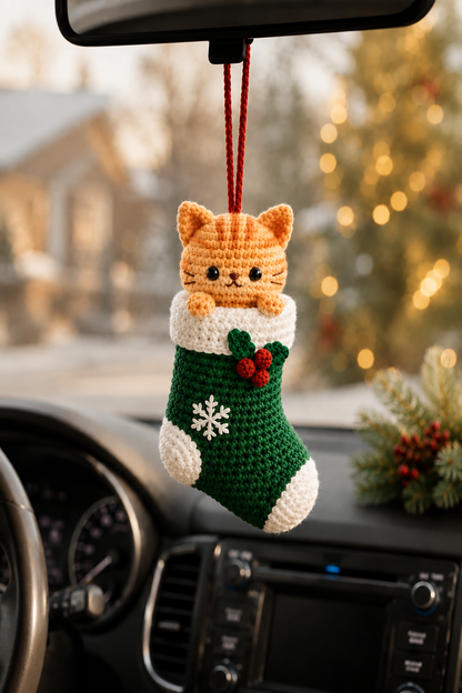 Festive Crochet Christmas Cat in Stocking Car Charm | Handmade Amigurumi Rearview Mirror Hanging Ornament