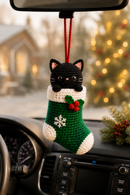 Festive Crochet Christmas Cat in Stocking Car Charm | Handmade Amigurumi Rearview Mirror Hanging Ornament