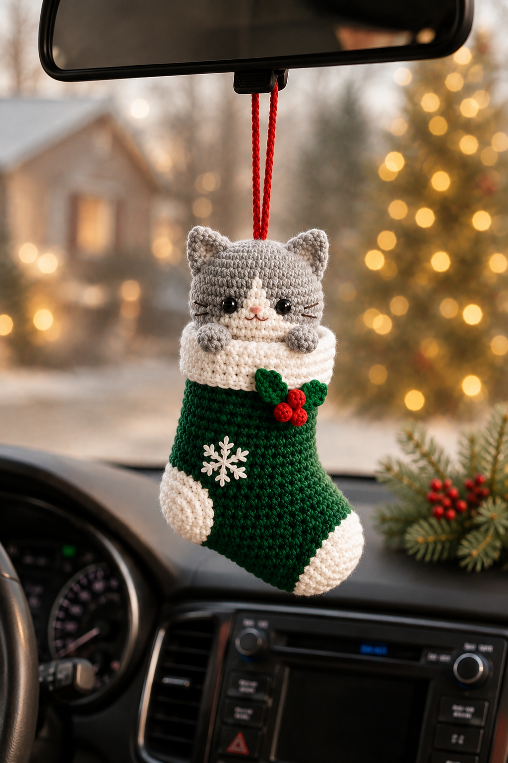 Festive Crochet Christmas Cat in Stocking Car Charm | Handmade Amigurumi Rearview Mirror Hanging Ornament
