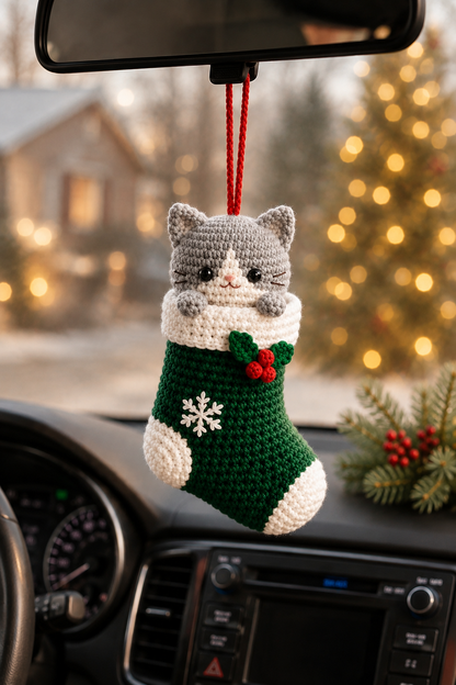 Festive Crochet Christmas Cat in Stocking Car Charm | Handmade Amigurumi Rearview Mirror Hanging Ornament