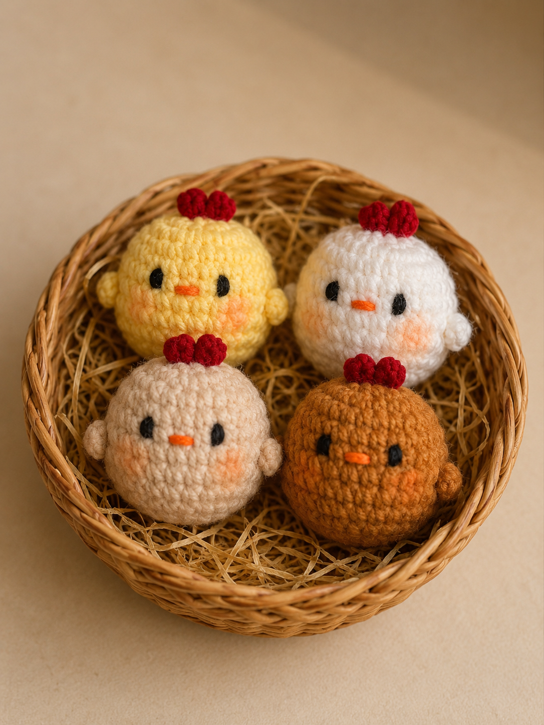 Handmade Crochet Fluffy Chick Plushies Basket Set | Amigurumi Farm Animal Toys & Decor