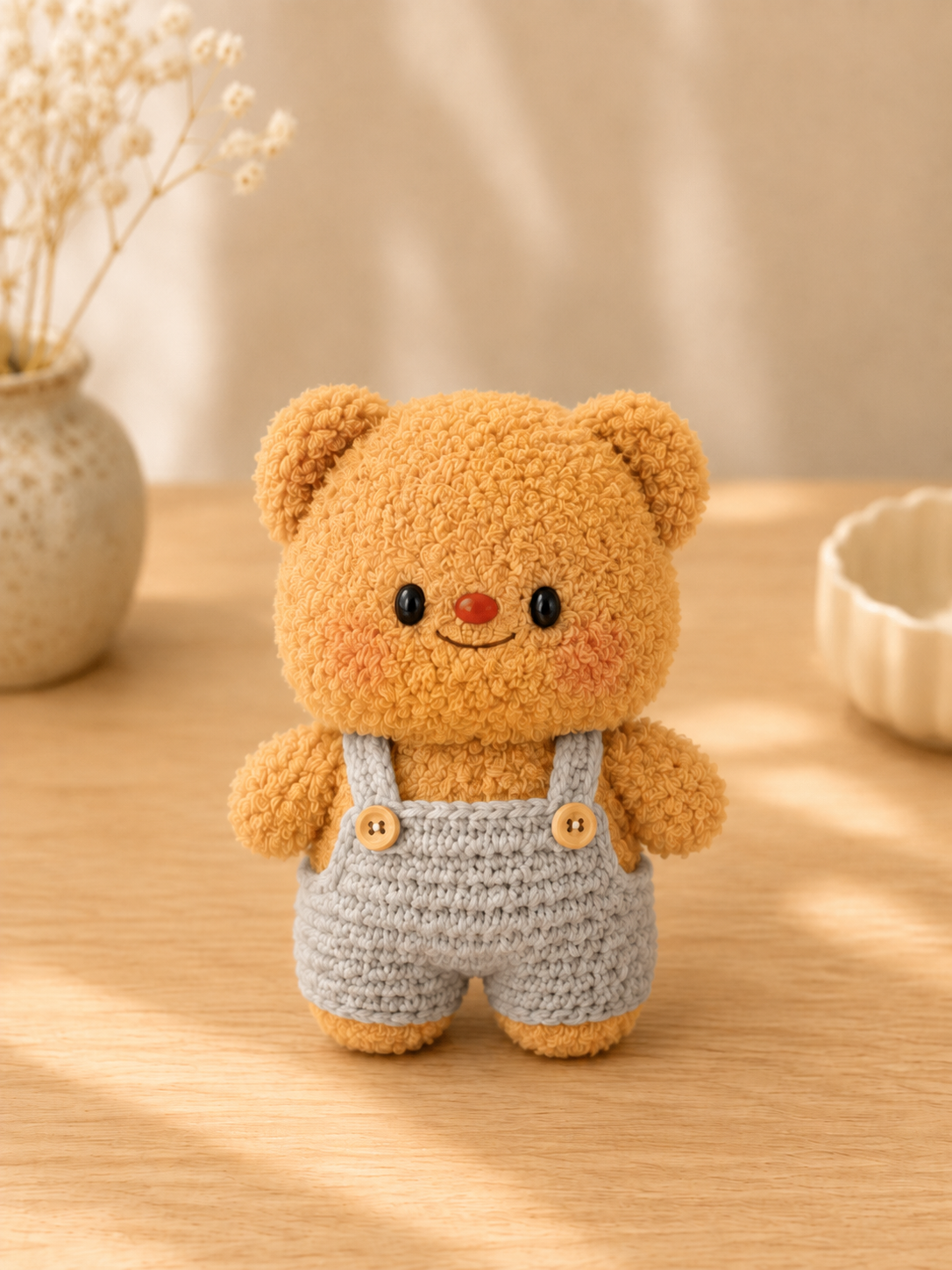 Handmade Crochet Teddy Bear in Overalls Plushie | Soft Velvet Amigurumi Stuffed Animal Toy