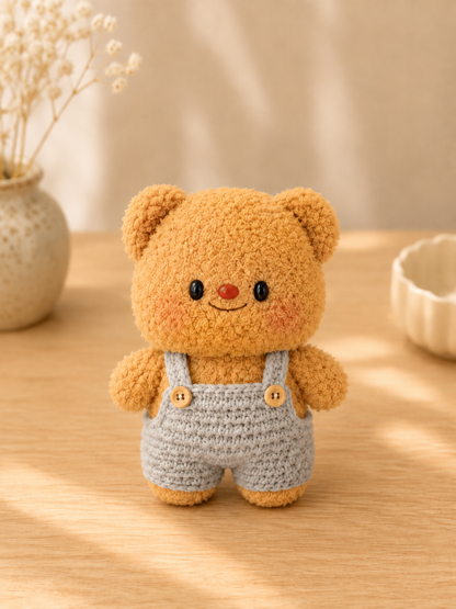 Handmade Crochet Teddy Bear in Overalls Plushie | Soft Velvet Amigurumi Stuffed Animal Toy