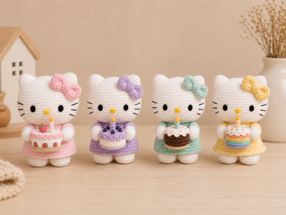 Handmade Crochet Birthday Kitty Plushie | Amigurumi Cat Stuffed Animal Toy with Cake