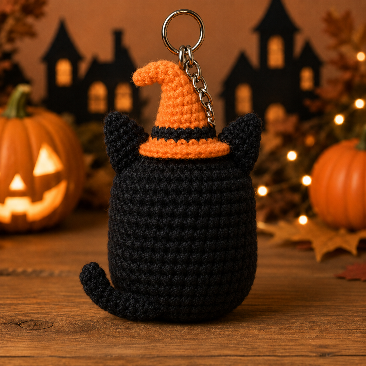 Spooky-Cute Crochet Witch Cat Keychain | Handmade Amigurumi Halloween Bag Charm