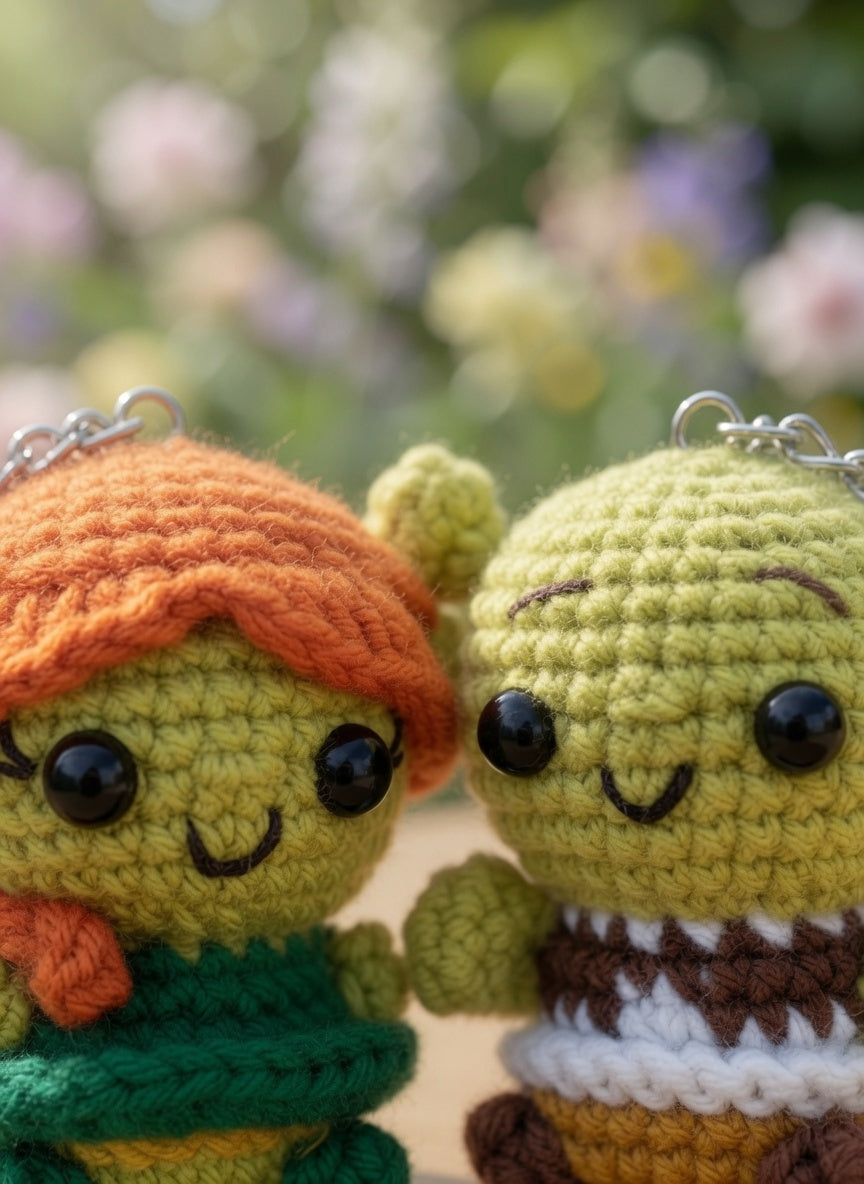 Cute Green Swamp Ogre Couple Keychains | Handmade Fairytale Amigurumi Charms