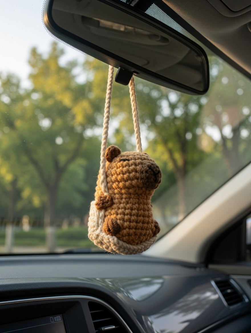 Chill Capybara on a Swing Car Charm | Cute Crochet Rearview Mirror Accessory