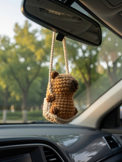 Chill Capybara on a Swing Car Charm | Cute Crochet Rearview Mirror Accessory