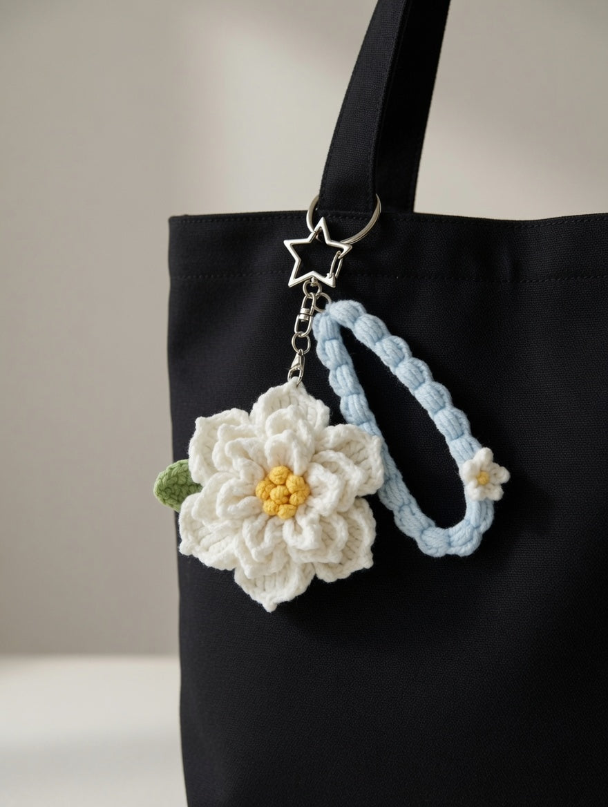 Crochet Flower Bag Charm — White Daisy Wristlet Keychain, Handmade Boho Purse Accessory