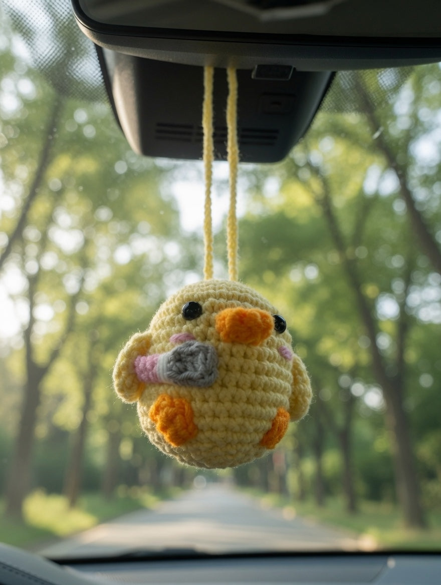 Funny Crochet Duck with Knife Car Charm | Handmade Amigurumi Rearview Mirror Accessory