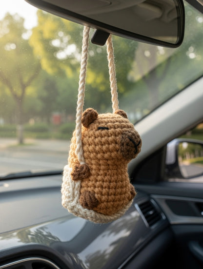 Chill Capybara on a Swing Car Charm | Cute Crochet Rearview Mirror Accessory