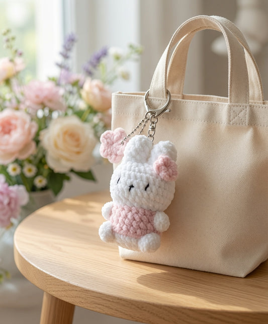 Fluffy Crochet Bunny Bag Charm | Kawaii Plush Rabbit Keychain with Flower
