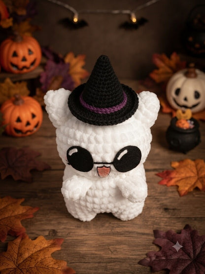 Fluffy Crochet Witch Cat Plushie | Velvet Amigurumi Halloween Kitty Stuffed Toy