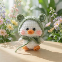 Cute Crochet Duck in Green Frog Hood Keychain | Handmade Amigurumi Bag Charm