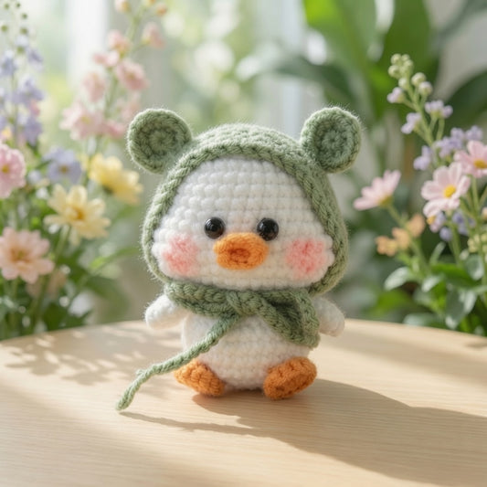 Cute Crochet Duck in Green Frog Hood Keychain | Handmade Amigurumi Bag Charm