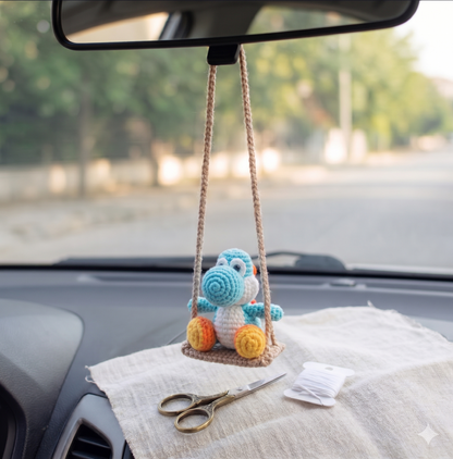 Crochet Yoshi Swing Car Mirror Hanger — Cute Green Dragon Charm, Handmade Car Accessory