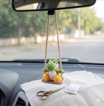 Crochet Yoshi Swing Car Mirror Hanger — Cute Green Dragon Charm, Handmade Car Accessory