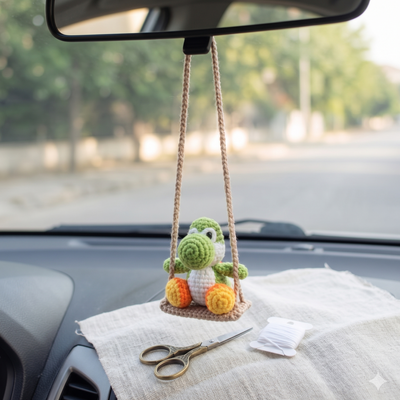 Crochet Yoshi Swing Car Mirror Hanger — Cute Green Dragon Charm, Handmade Car Accessory