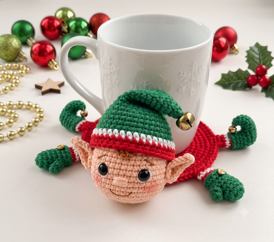 Handmade Crochet Christmas Elf Mug Rug | Festive Amigurumi Drink Coaster