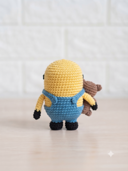 Cute Crochet Goggles Henchman with Bear Plushie | Handmade Amigurumi Yellow Companion Toy