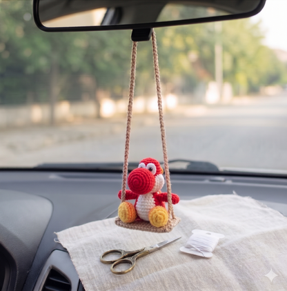 Crochet Yoshi Swing Car Mirror Hanger — Cute Green Dragon Charm, Handmade Car Accessory