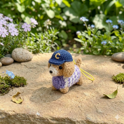 Crochet Dachshund Dog Keychain — Handmade Puppy Bag Charm with Hat & Sweater