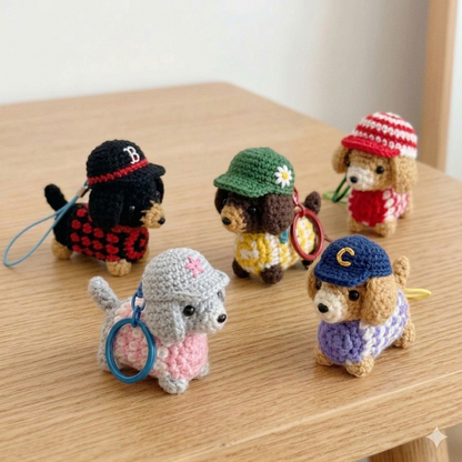 Crochet Dachshund Dog Keychain — Handmade Puppy Bag Charm with Hat & Sweater