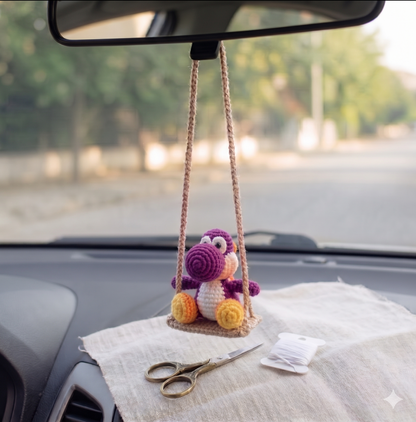 Crochet Yoshi Swing Car Mirror Hanger — Cute Green Dragon Charm, Handmade Car Accessory