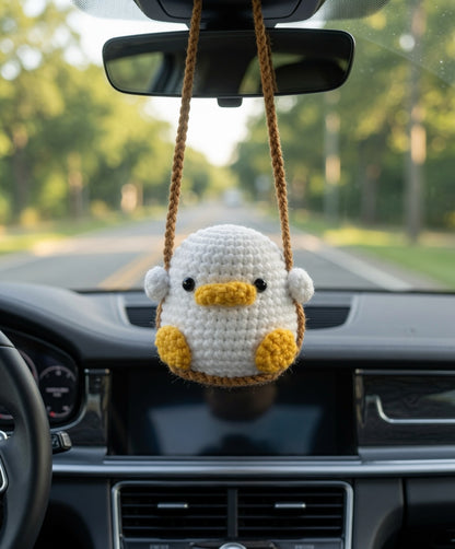 Cute Crochet Duck on a Swing Car Charm | Handmade Amigurumi Rearview Mirror Accessory