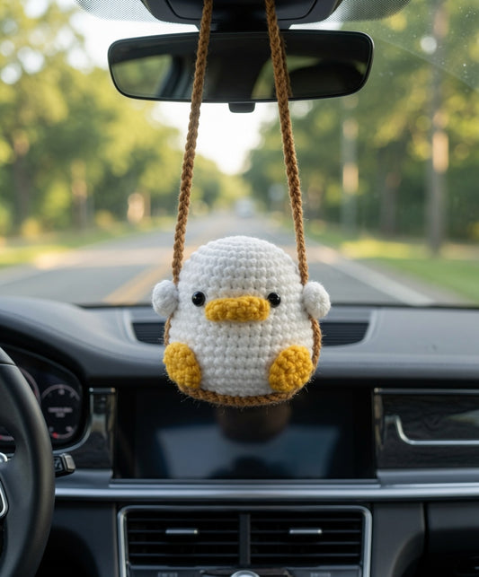 Cute Crochet Duck on a Swing Car Charm | Handmade Amigurumi Rearview Mirror Accessory