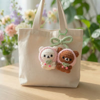 Kawaii Cherry Twin Bears Crochet Bag Charm | Plush Amigurumi Matching Keychain