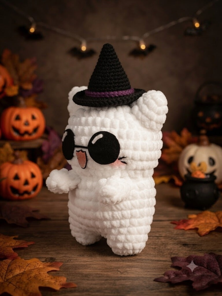 Fluffy Crochet Witch Cat Plushie | Velvet Amigurumi Halloween Kitty Stuffed Toy