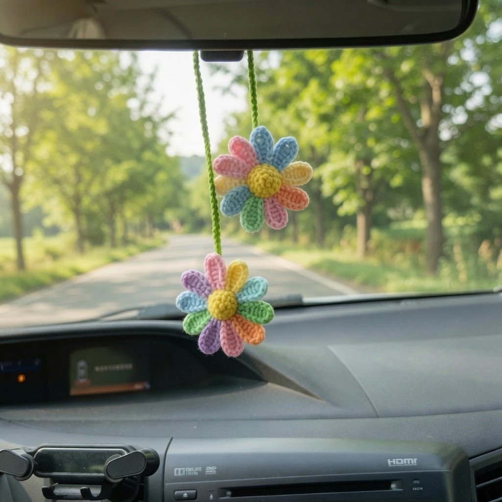 Colorful Crochet Rainbow Flower Car Charm | Handmade Amigurumi Rearview Mirror Accessory
