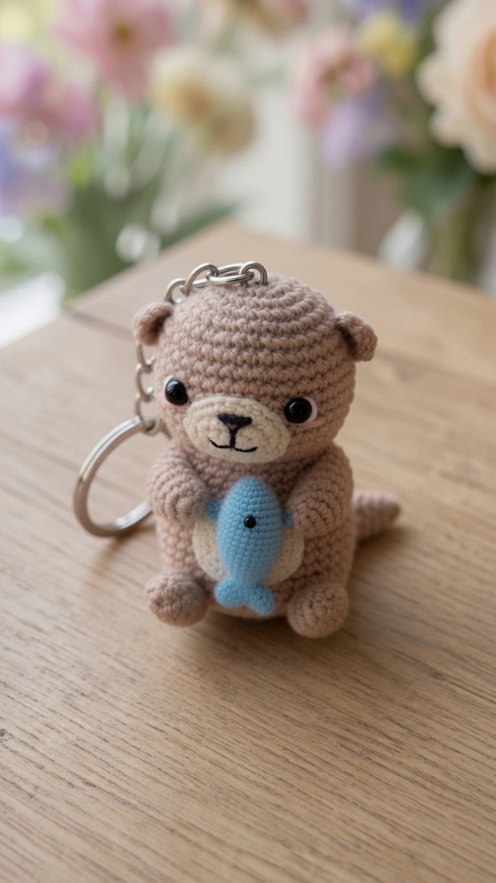 Cute Crochet Otter with Fish Keychain | Handmade Amigurumi Animal Bag Charm