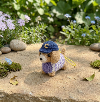 Crochet Dachshund Dog Keychain — Handmade Puppy Bag Charm with Hat & Sweater
