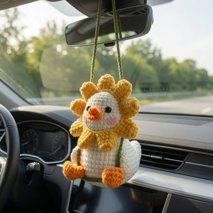 Cute Crochet Sunflower Duck Car Charm | Handmade Amigurumi Rearview Mirror Accessory