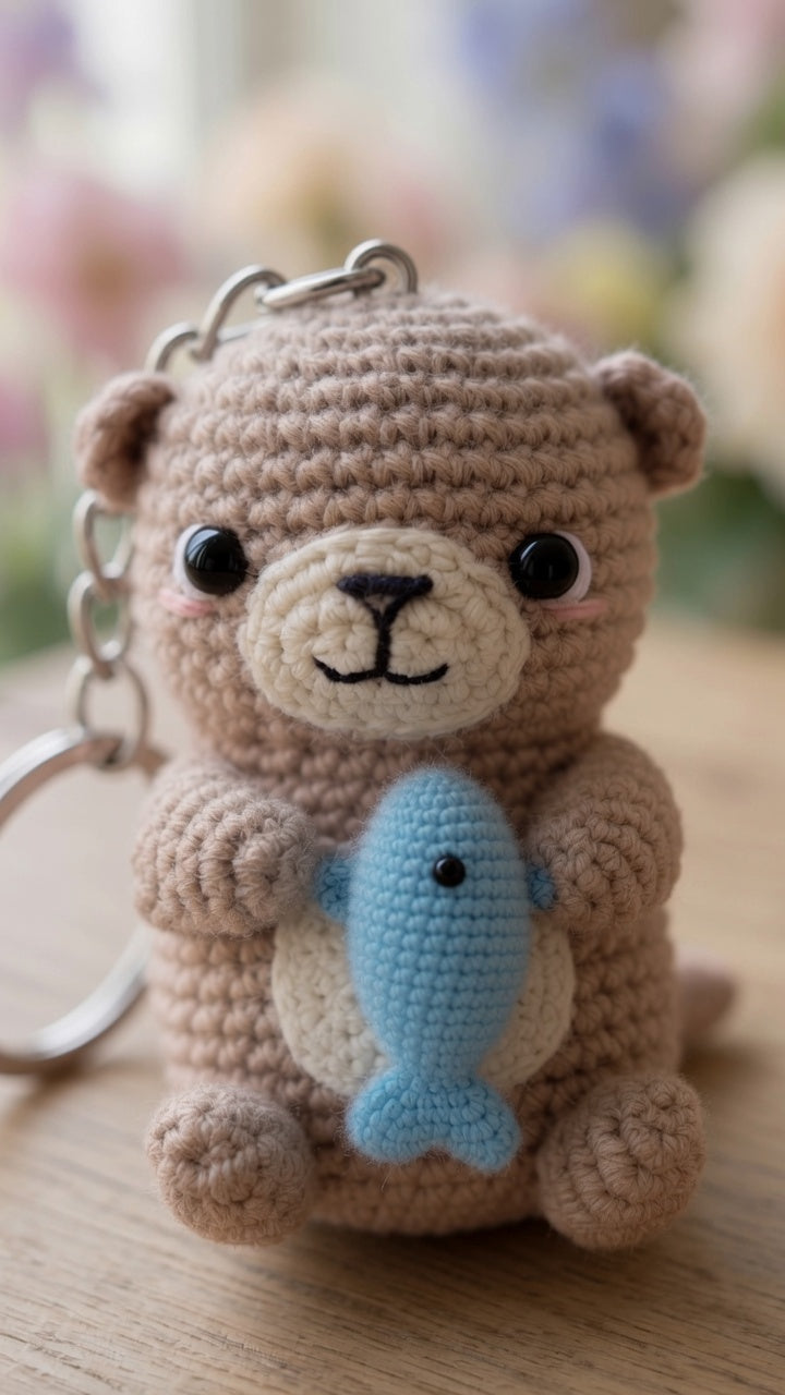 Cute Crochet Otter with Fish Keychain | Handmade Amigurumi Animal Bag Charm
