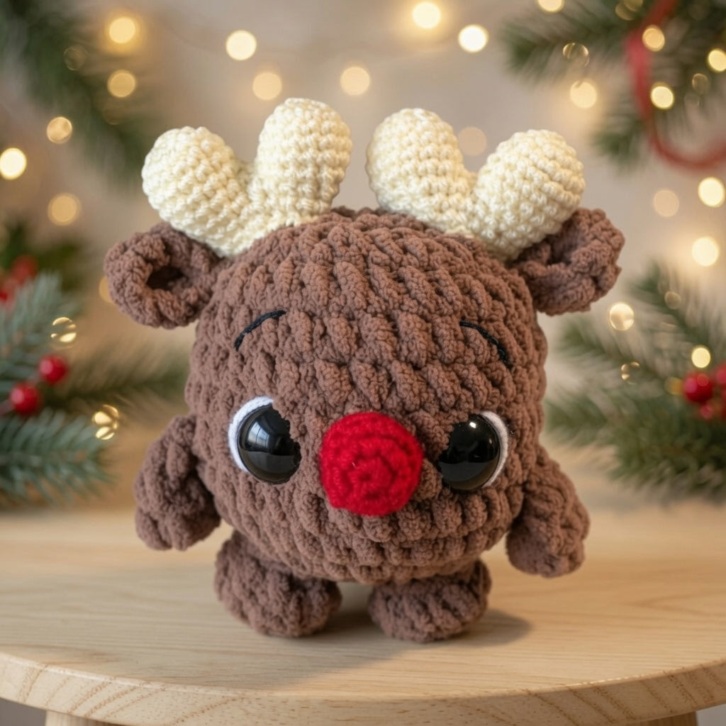 Fluffy Red-Nose Reindeer Crochet Plushie | Velvet Amigurumi Christmas Toy