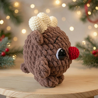 Fluffy Red-Nose Reindeer Crochet Plushie | Velvet Amigurumi Christmas Toy