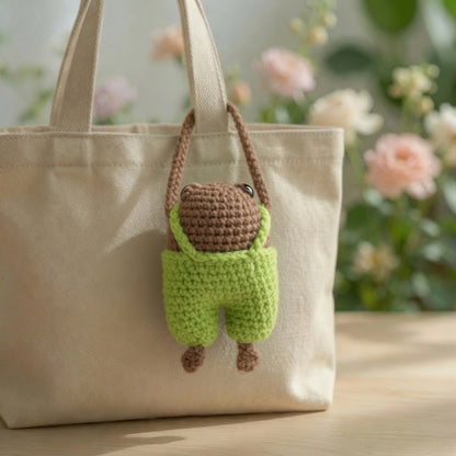 Cute Crochet Frog in Overalls Bag Charm | Handmade Amigurumi Keychain