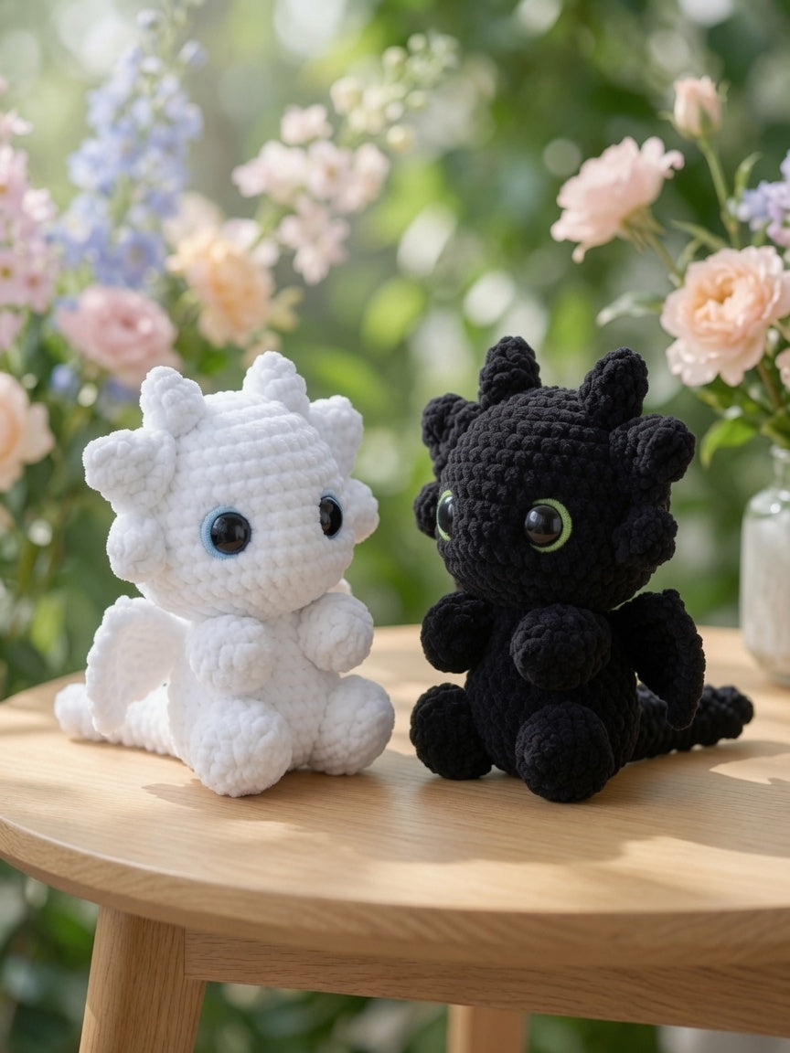 Fluffy Night & Light Dragon Plush Set | Velvet Amigurumi Couple Dragons