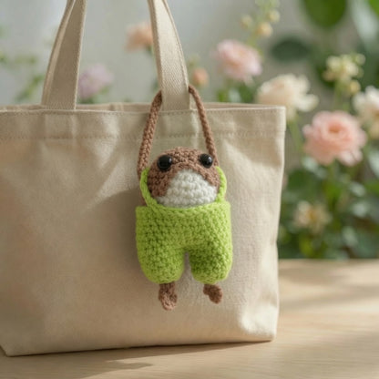 Cute Crochet Frog in Overalls Bag Charm | Handmade Amigurumi Keychain