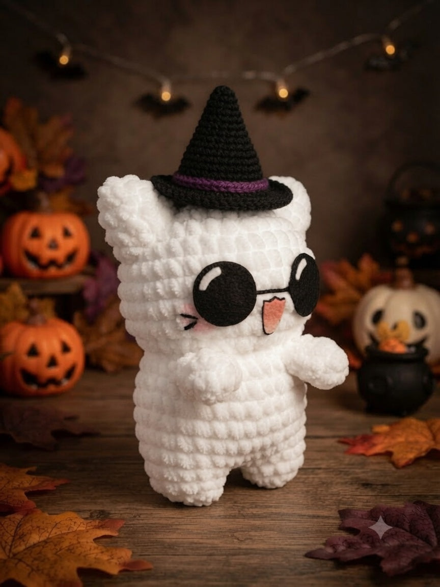 Fluffy Crochet Witch Cat Plushie | Velvet Amigurumi Halloween Kitty Stuffed Toy