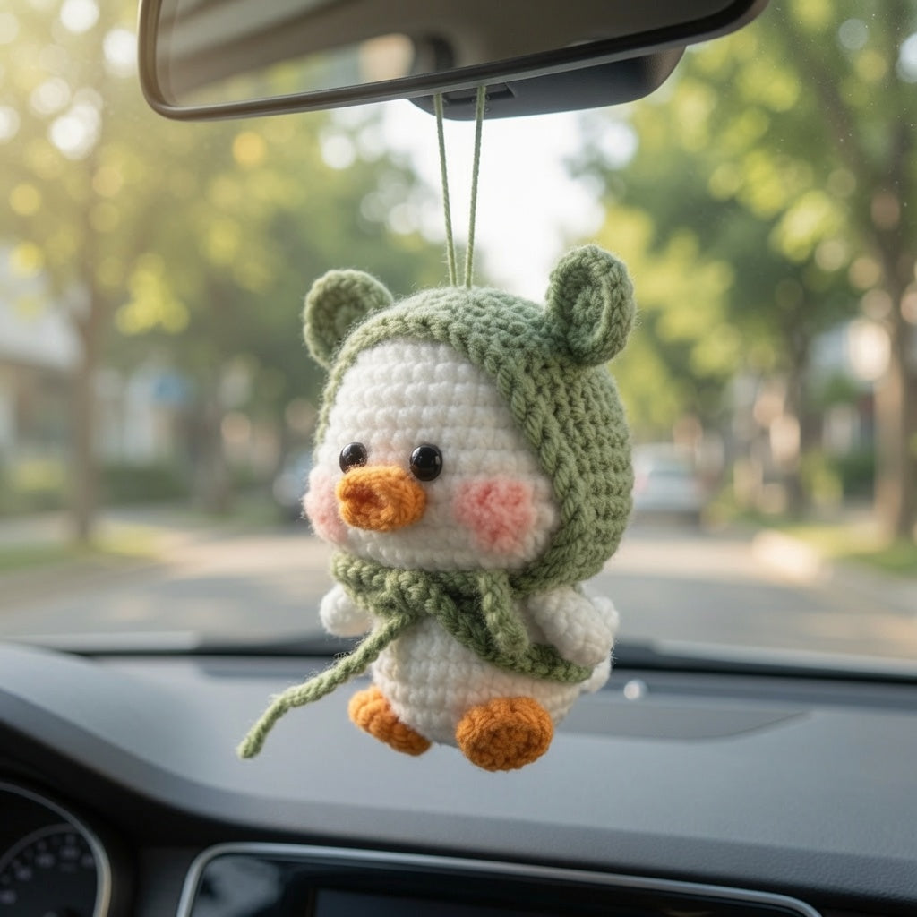 Cute Crochet Duck in Green Frog Hood Keychain | Handmade Amigurumi Bag Charm