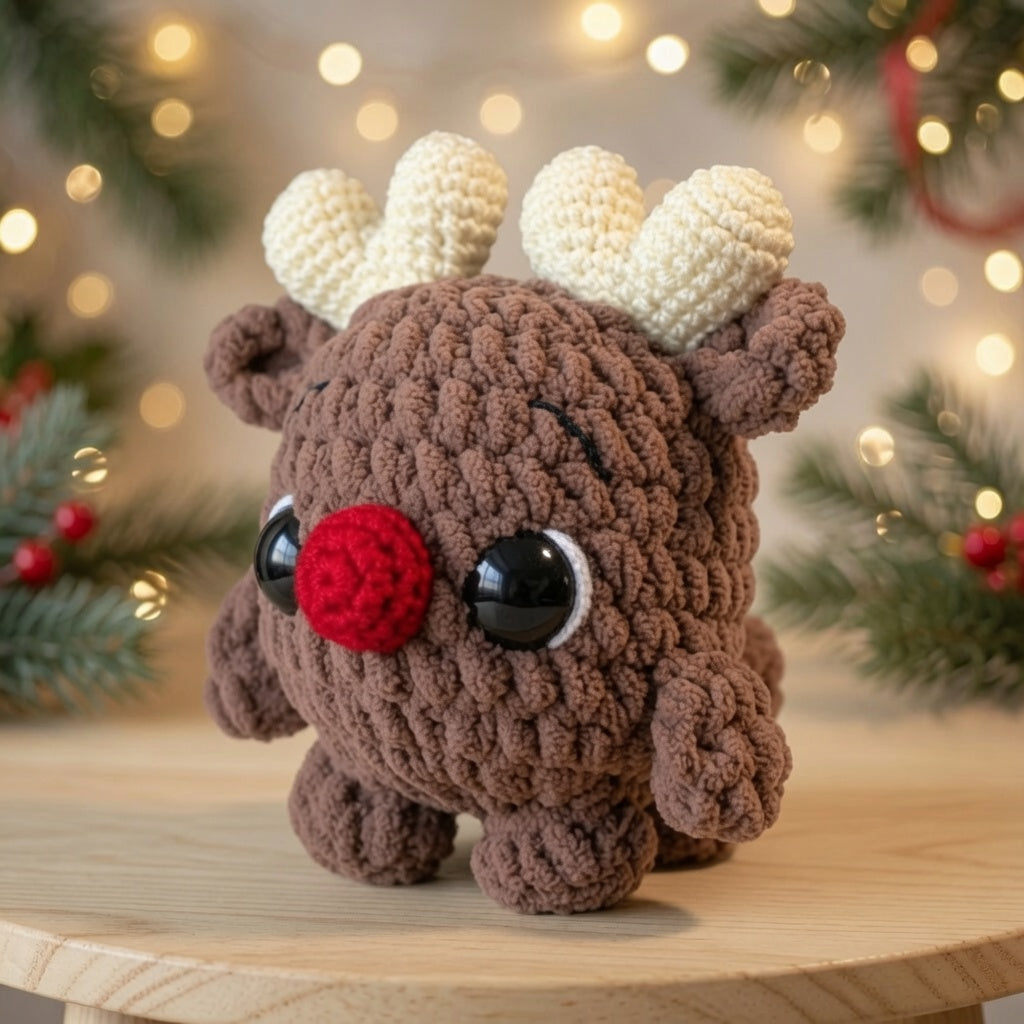 Fluffy Red-Nose Reindeer Crochet Plushie | Velvet Amigurumi Christmas Toy