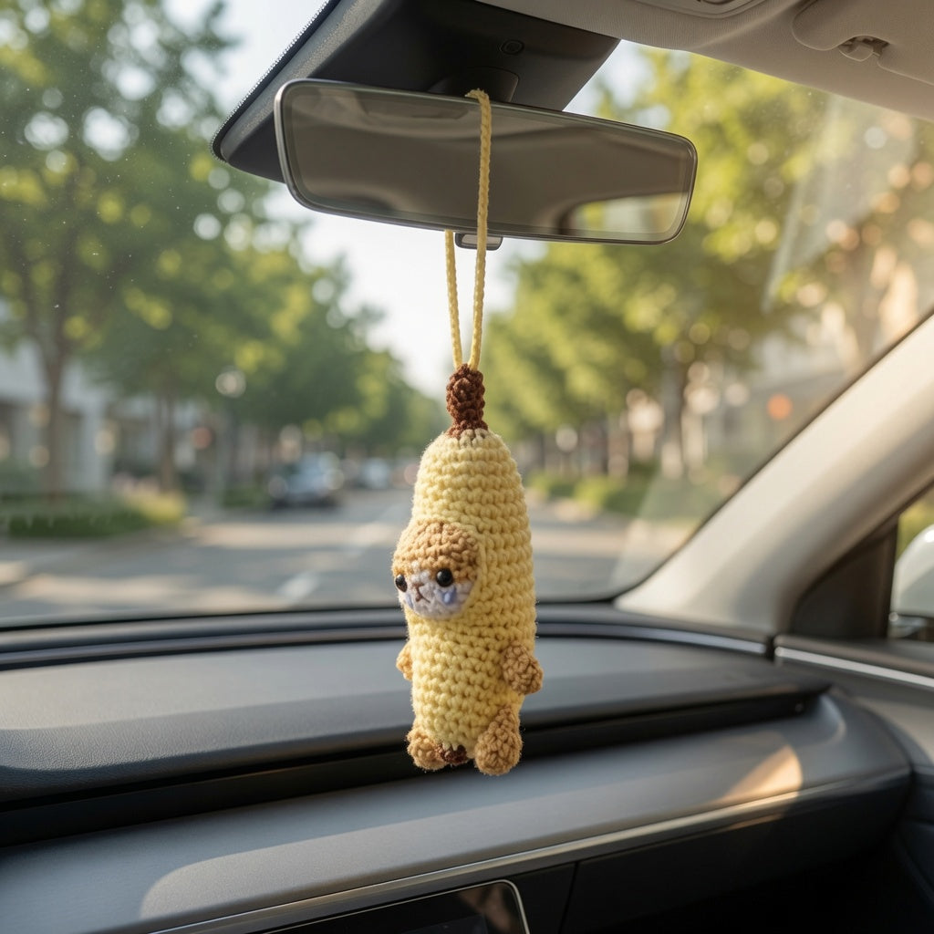Funny Crying Banana Cat Crochet Car Charm | Viral Meme Rearview Mirror Accessory