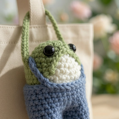 Cute Crochet Frog in Overalls Bag Charm | Handmade Amigurumi Keychain