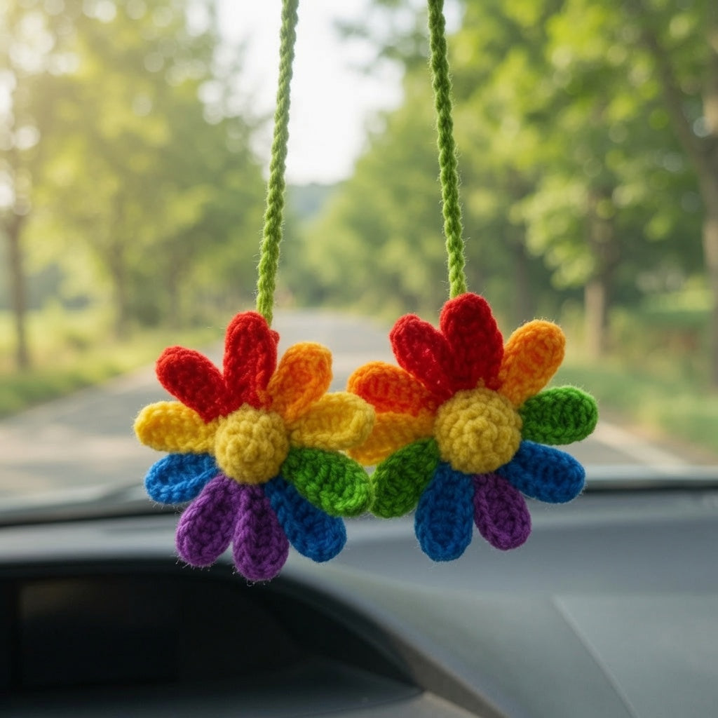 Colorful Crochet Rainbow Flower Car Charm | Handmade Amigurumi Rearview Mirror Accessory